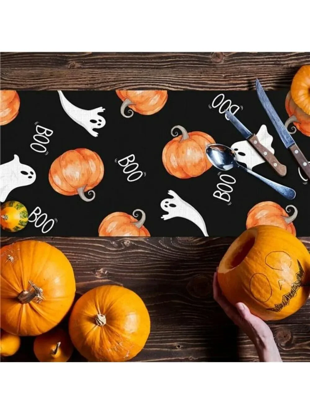 Halloween table runner ghost pumpkin black holiday party dining room decor 72 in